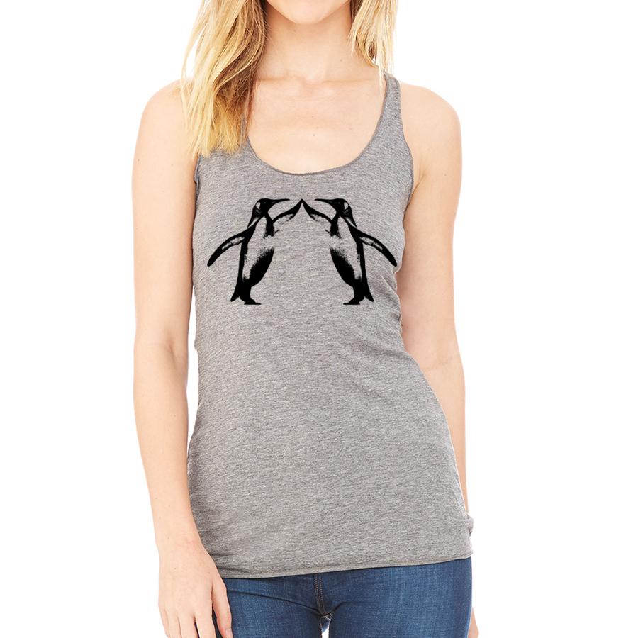 Pink penguin high five racerback T-shirt by Indigo Tiger featuring a playful penguin design on soft fabric.