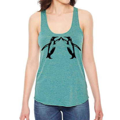 Yellow tank top featuring a penguin high five graphic from Indigo Tiger, casual racerback T-shirt for women.