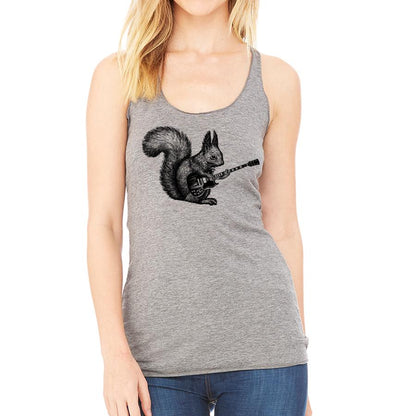 Gray racerback T-shirt featuring a squirrel playing guitar design by Indigo Tiger.