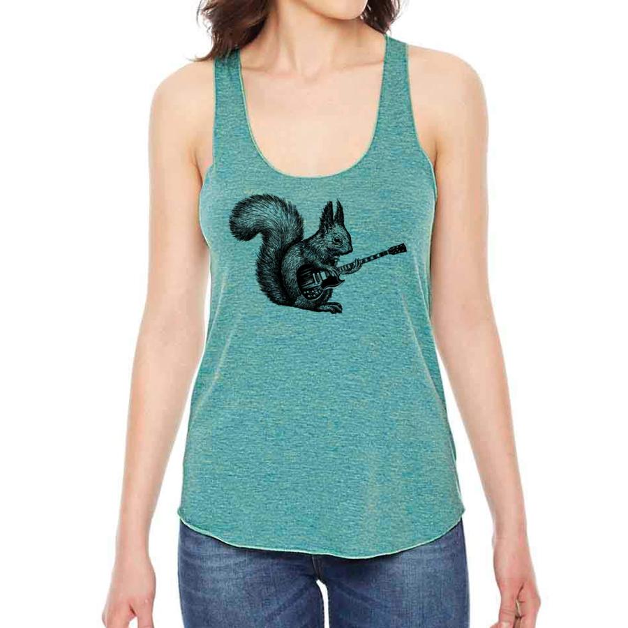 Squirrel playing guitar graphic on yellow racerback T-shirt by Indigo Tiger, casual animal-themed apparel.