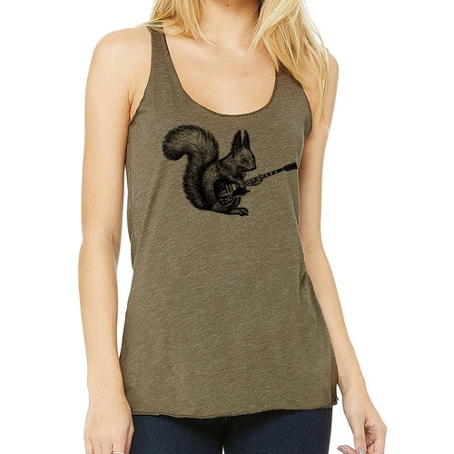 Indigo Tiger squirrel playing guitar racerback T-shirt, featuring a playful squirrel illustration on a casual tank top.