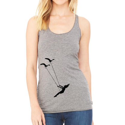 Flying bird swing racerback tank top by Indigo Tiger, featuring a stylish bird design on lightweight sleeveless top.