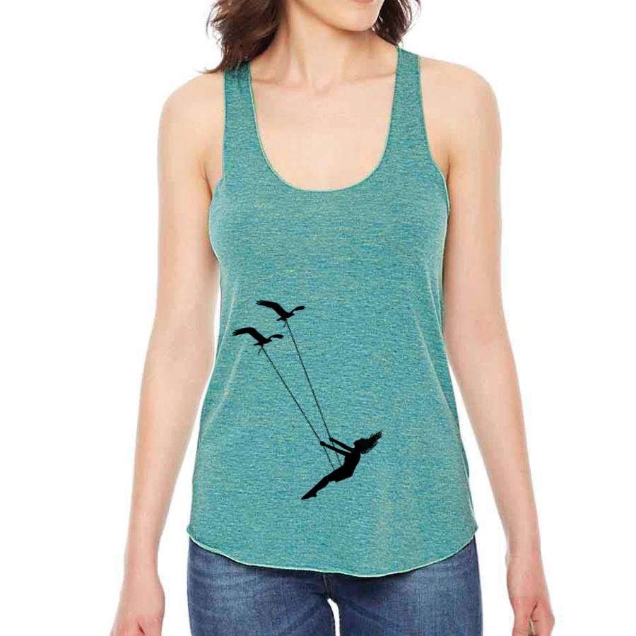 Flying bird swing racerback tank top by Indigo Tiger, featuring a colorful bird design on a lightweight sleeveless shirt.