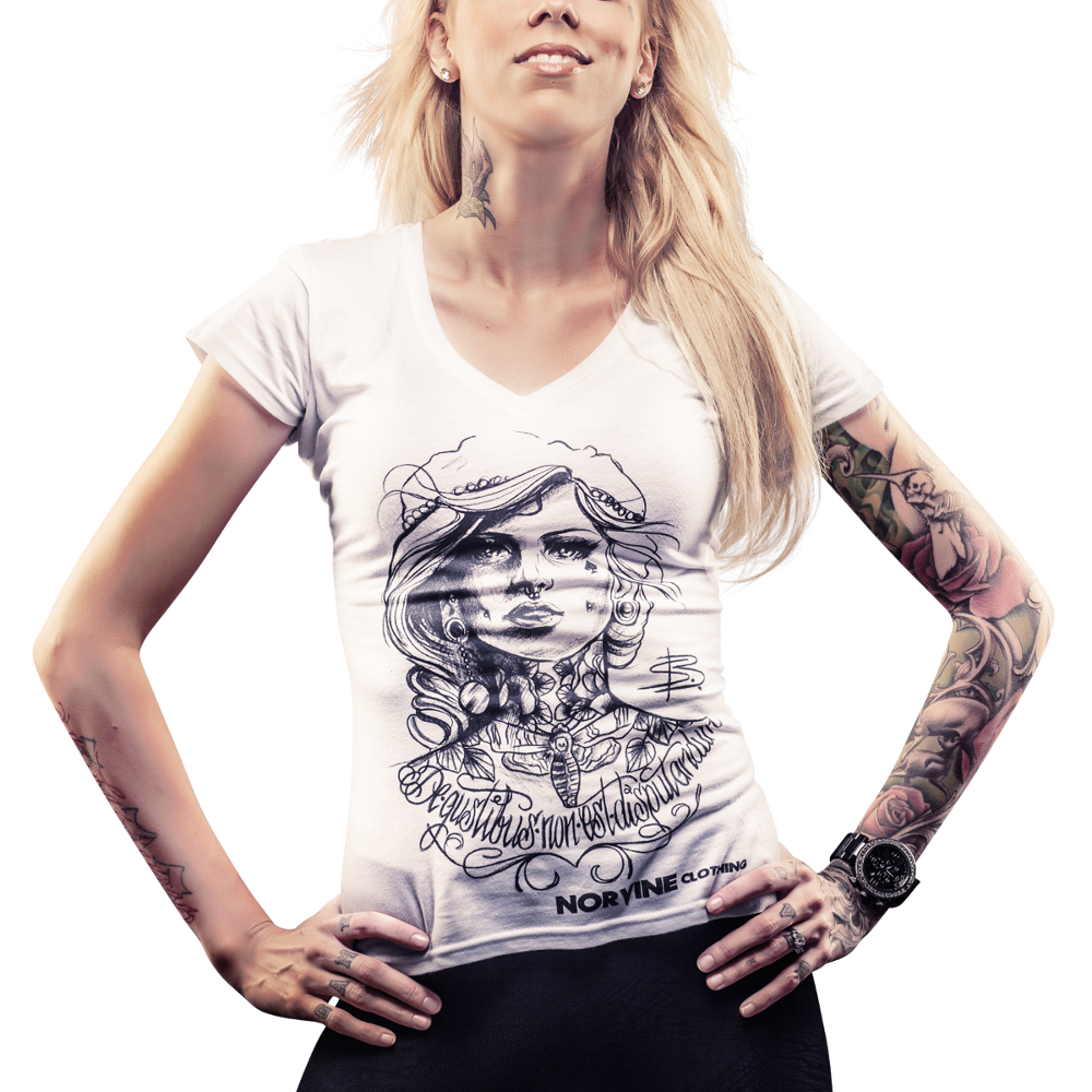 Women’s deep V-neck tee by Callisto featuring a tattooed girl graphic, casual T-shirt design in black, front view.