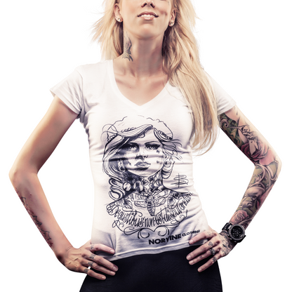 Women’s deep V-neck tee by Callisto featuring a tattooed girl graphic, casual T-shirt design in black, front view.
