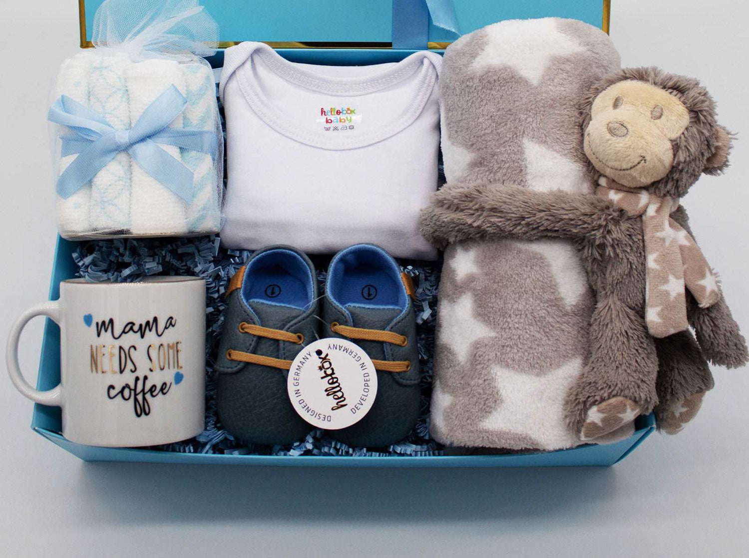 Byzantium Oscar Hellobox baby gift set with soft baby blanket and plush toy for newborns, perfect for special occasions.