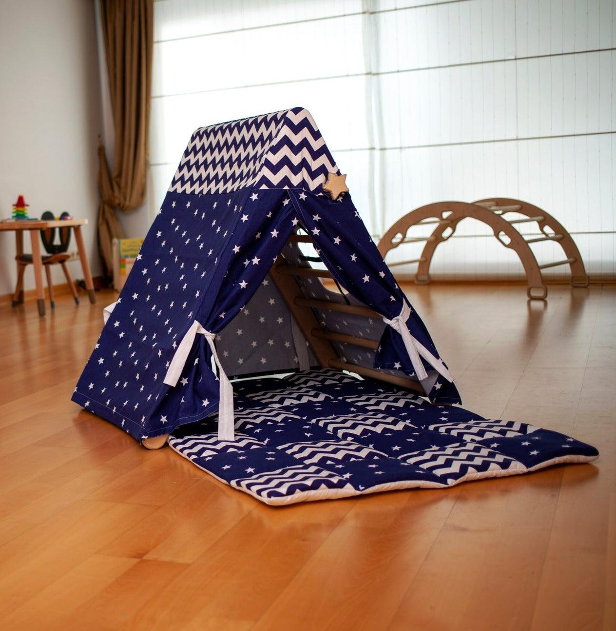 Blue climbing triangle with tent cover, mat, and ramp by Red Oceanus, designed for safe indoor play and exercise.