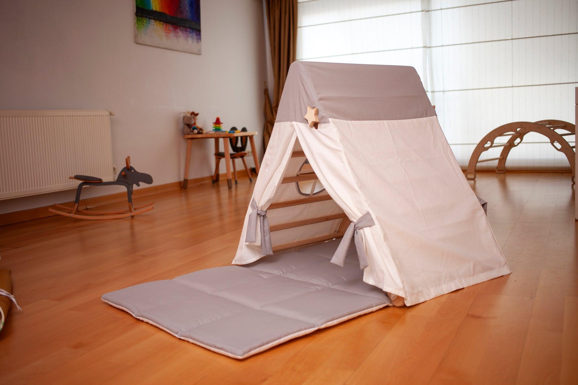White tent cover for Red Oceanus climbing triangle with mat and ramp, designed for safe indoor children&
