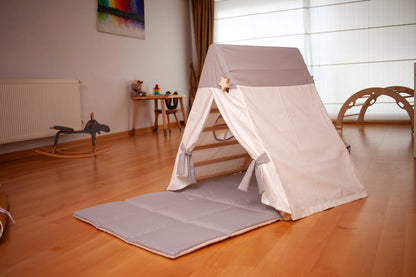 White tent cover for Red Oceanus climbing triangle with mat and ramp, designed for safe indoor children&