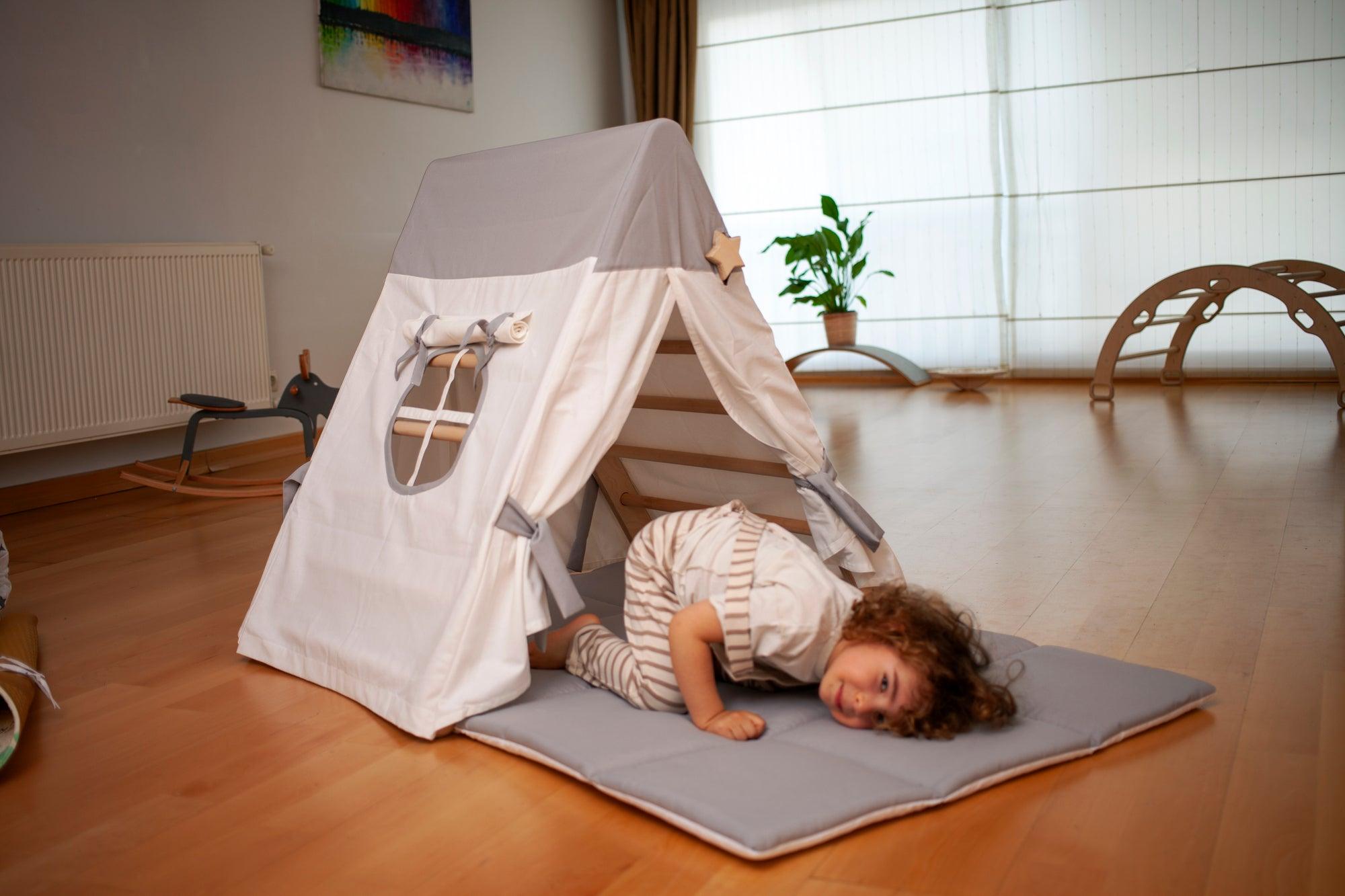 White climbing triangle with tent cover, mat, and ramp by Red Oceanus, designed for children&