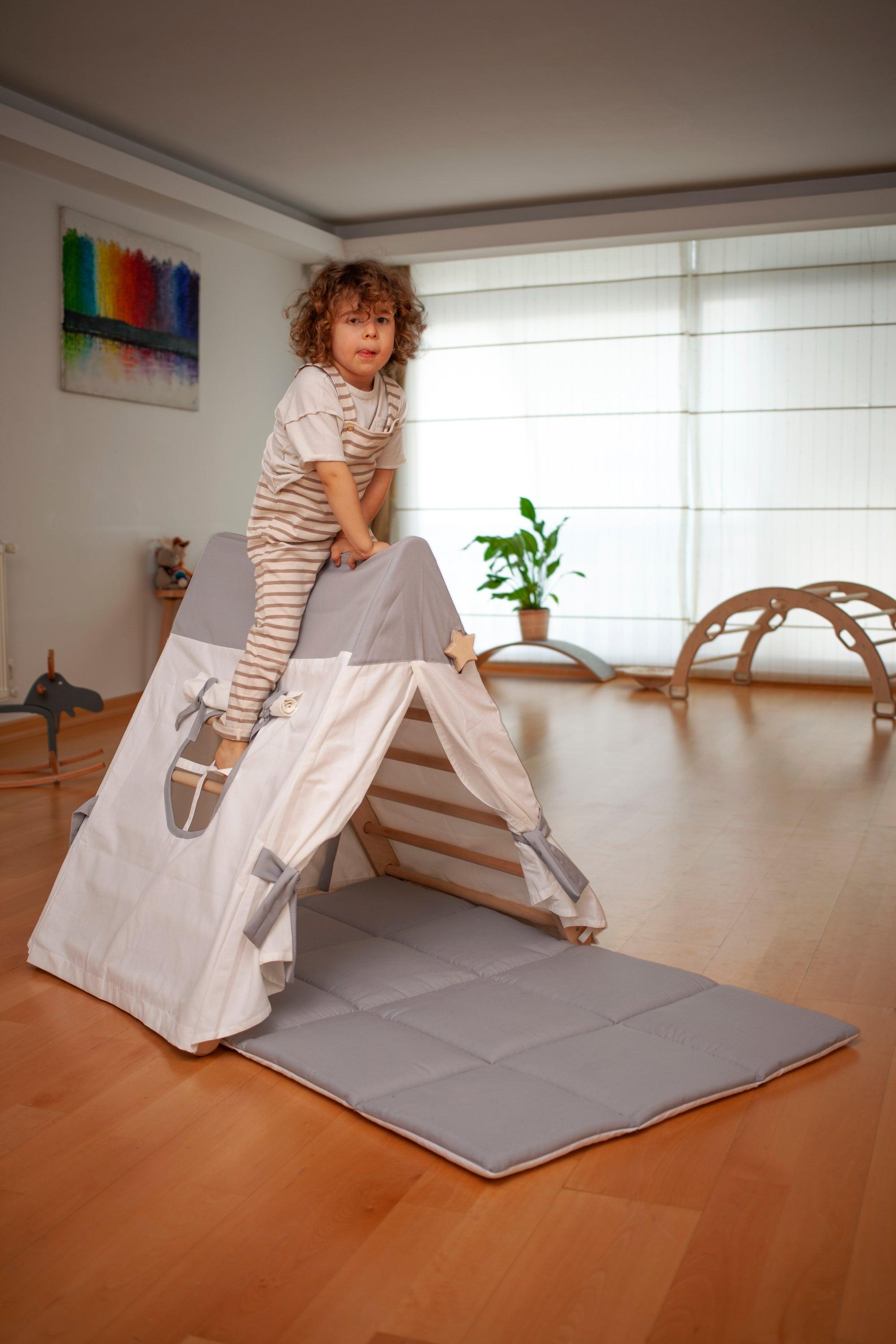 White climbing triangle with tent cover, mat, and ramp by Red Oceanus, designed for children&