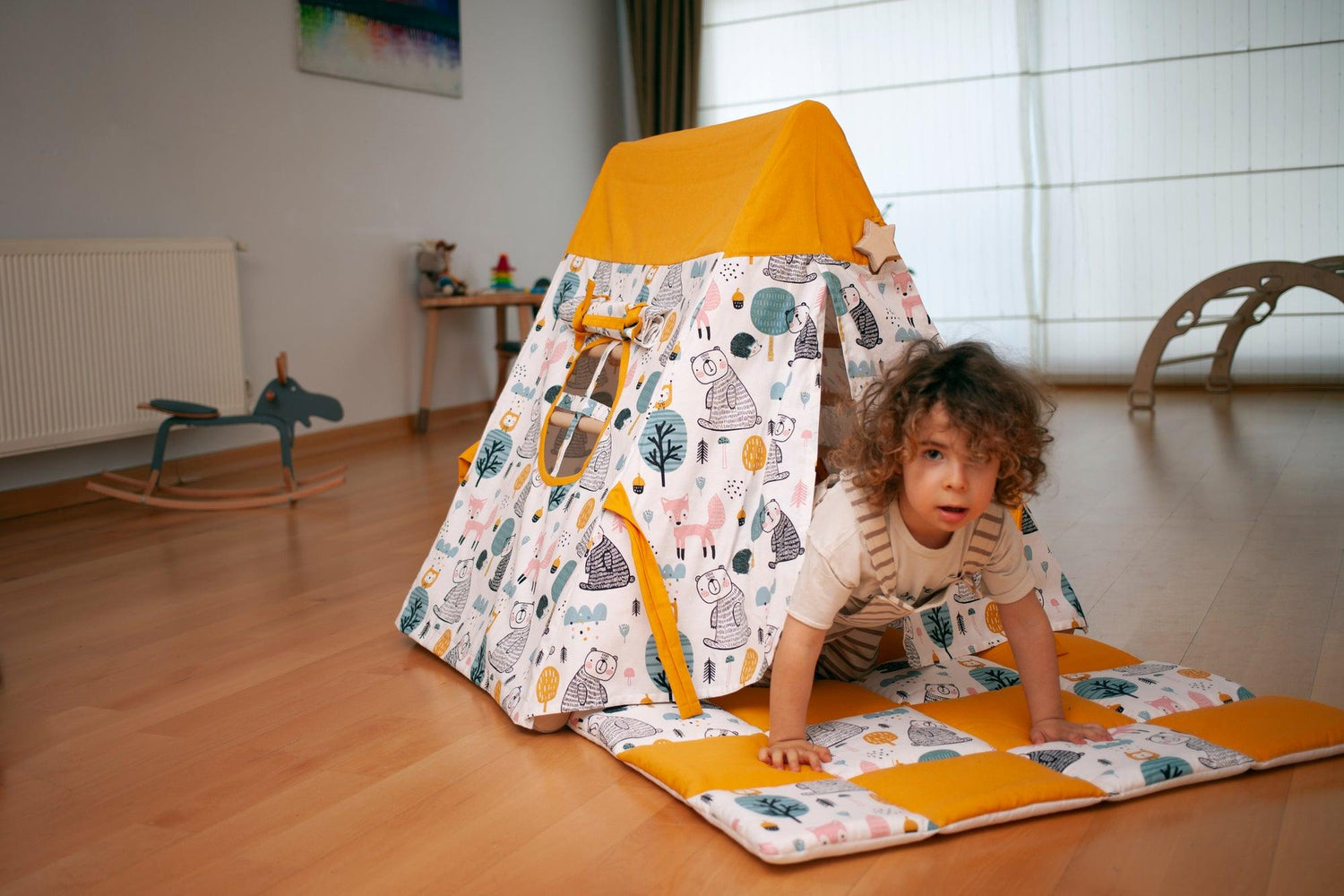 Red Oceanus climbing triangle with tent cover, mat, and ramp designed for children&