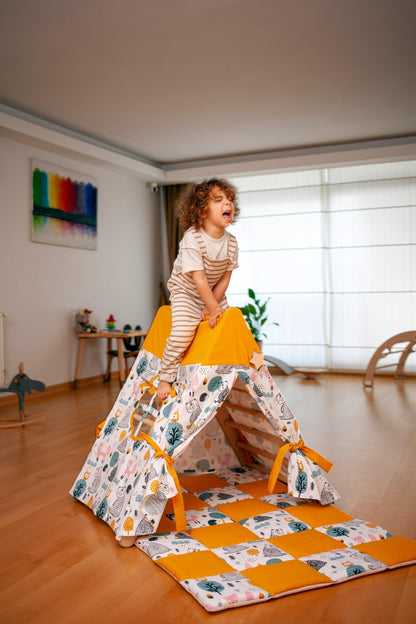 Yellow climbing triangle with tent cover, mat, and ramp from Red Oceanus, designed as a versatile children&