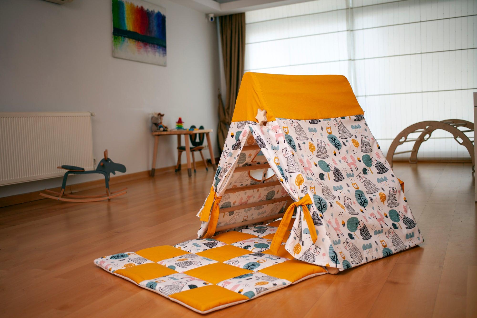 Red Oceanus climbing triangle with tent cover, mat, and ramp, designed for children&