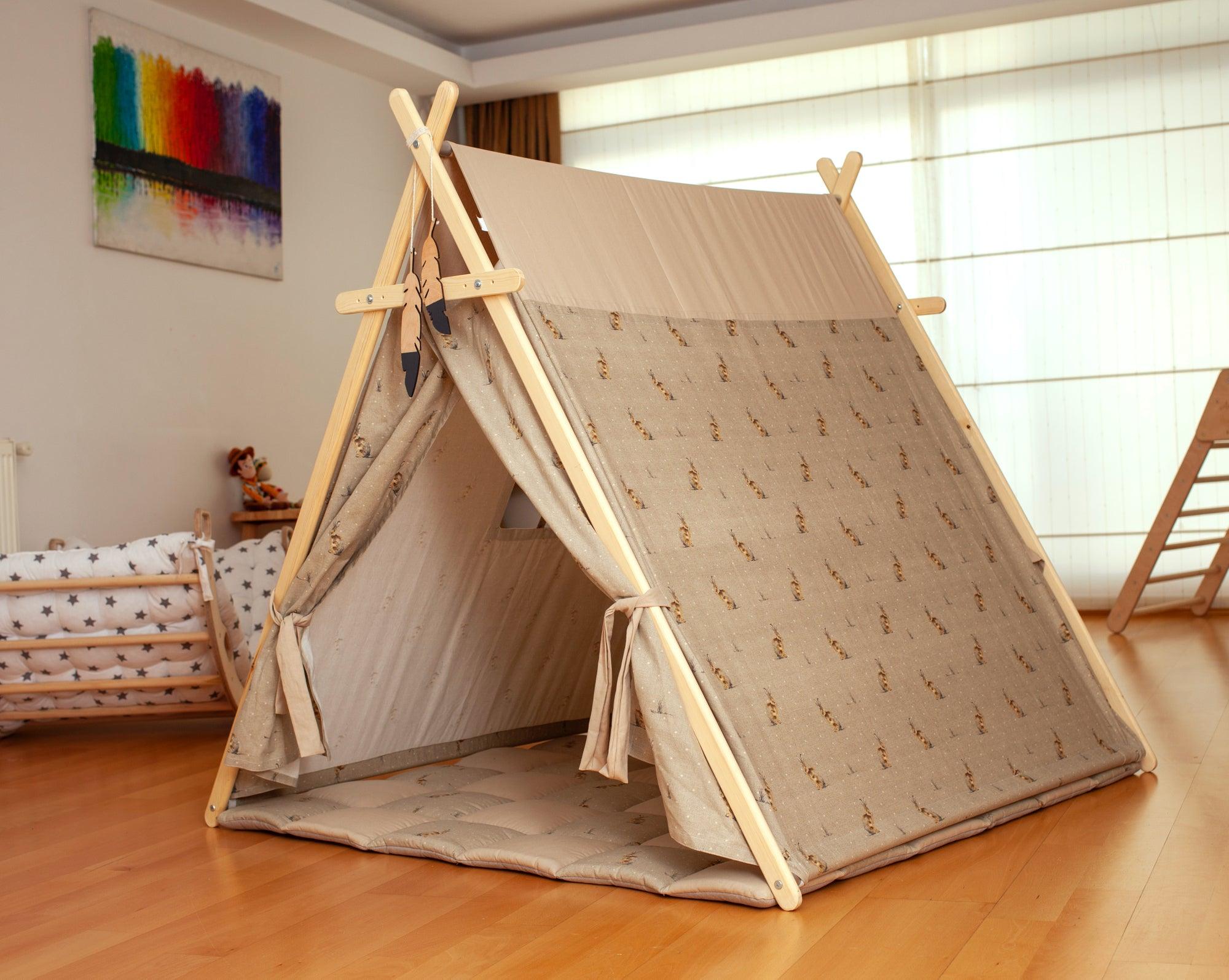 Red Oceanus XL play tent and play mat set with bunny design, featuring colorful fabric and spacious interior for kids&