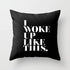 Scorpius "I Woke Up Like This" decorative pillow with white fabric and stylish text design, perfect for bedroom decor.