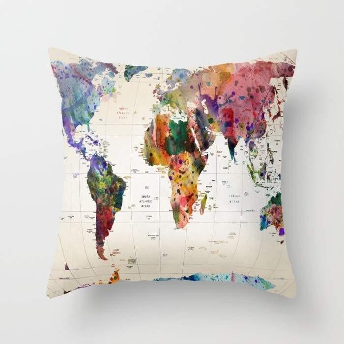 Scorpius Map Pillow featuring a detailed world map design on soft textile fabric for decorative comfort.