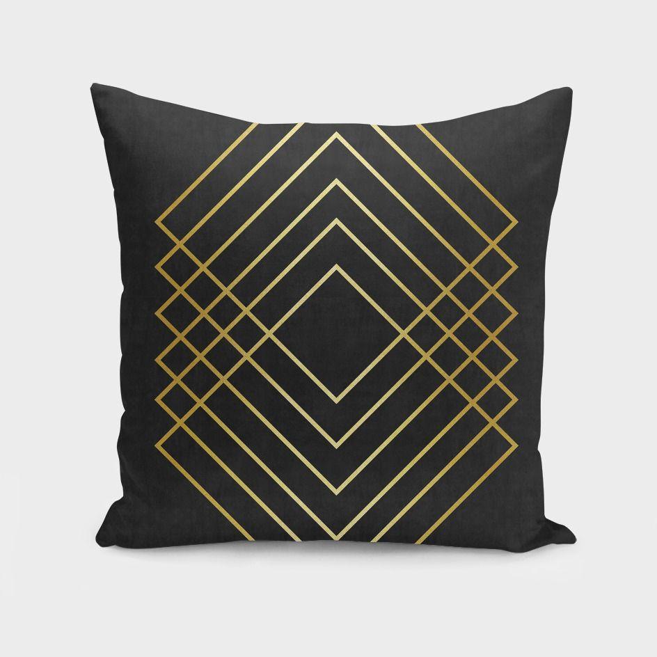 Golden art-themed minimalist cushion by Scorpius, featuring a sleek design and soft textile fabric for modern home decor.