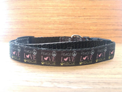 Small Green Thalassa Peace Love and Rescue collar with colorful design for pets, showcasing adjustable collar and tag attachment.