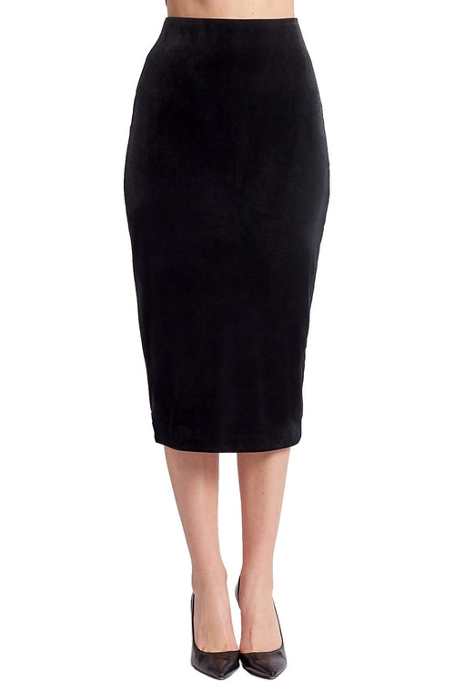 Black Tia Skirt by Peach Dionysus, a stretch velvet pencil skirt shown on a model, highlighting its sleek fit and smooth fabric.