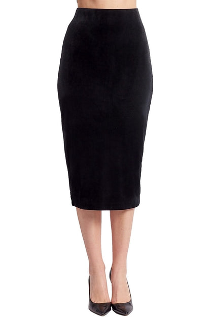 Black Tia Skirt by Peach Dionysus, a stretch velvet pencil skirt shown on a model, highlighting its sleek fit and smooth fabric.
