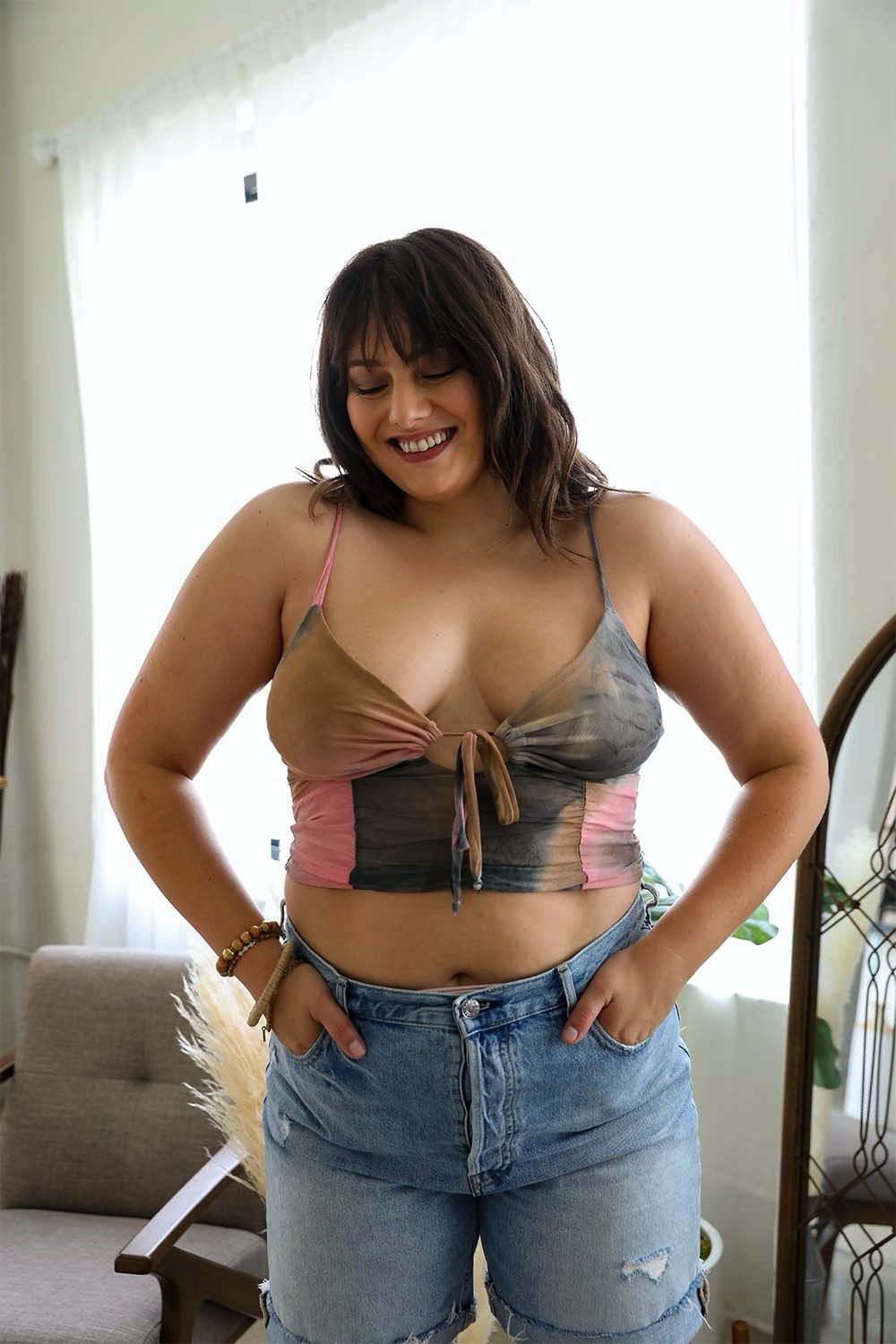 Periwinkle Aether tie-dye mesh keyhole brami plus tank top in camel pink with a stylish cutout design and comfortable fit