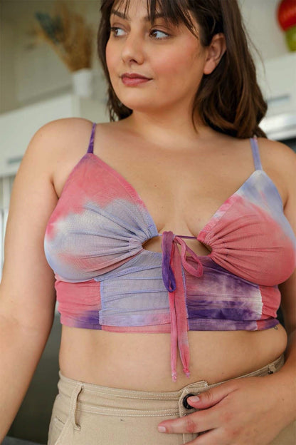 Periwinkle Aether tie-dye mesh keyhole brami plus tank top in coral purple, featuring a stylish cutout and vibrant pattern.