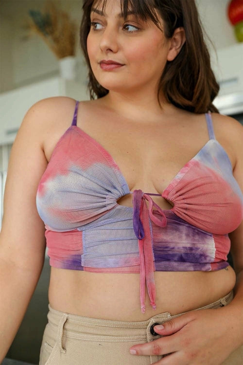 Coral purple tie-dye mesh keyhole brami tank top by Periwinkle Aether, featuring a stylish cut and vibrant pattern.