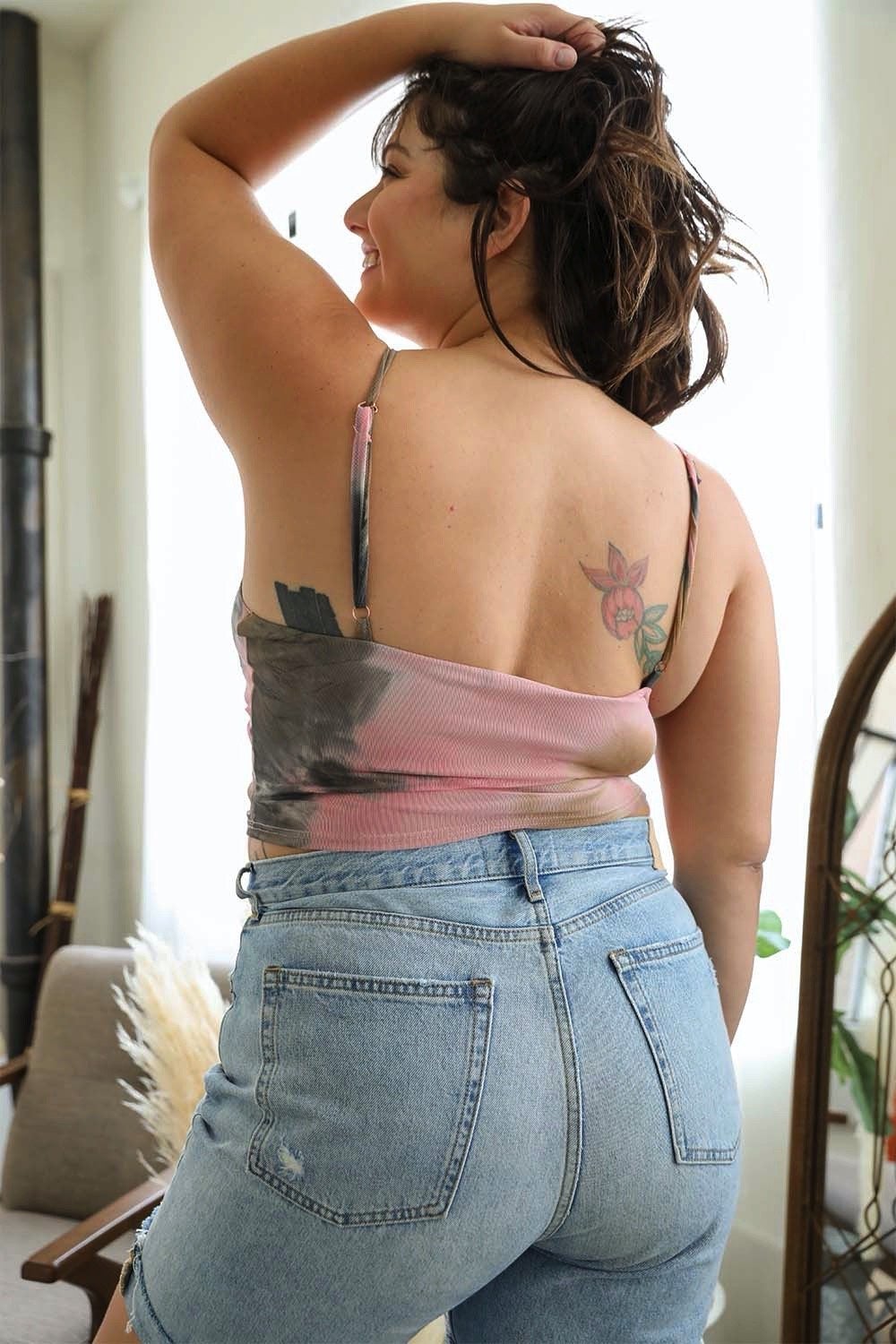 Periwinkle Aether tie-dye mesh keyhole brami plus tank top featuring colorful tie-dye pattern and a stylish keyhole design