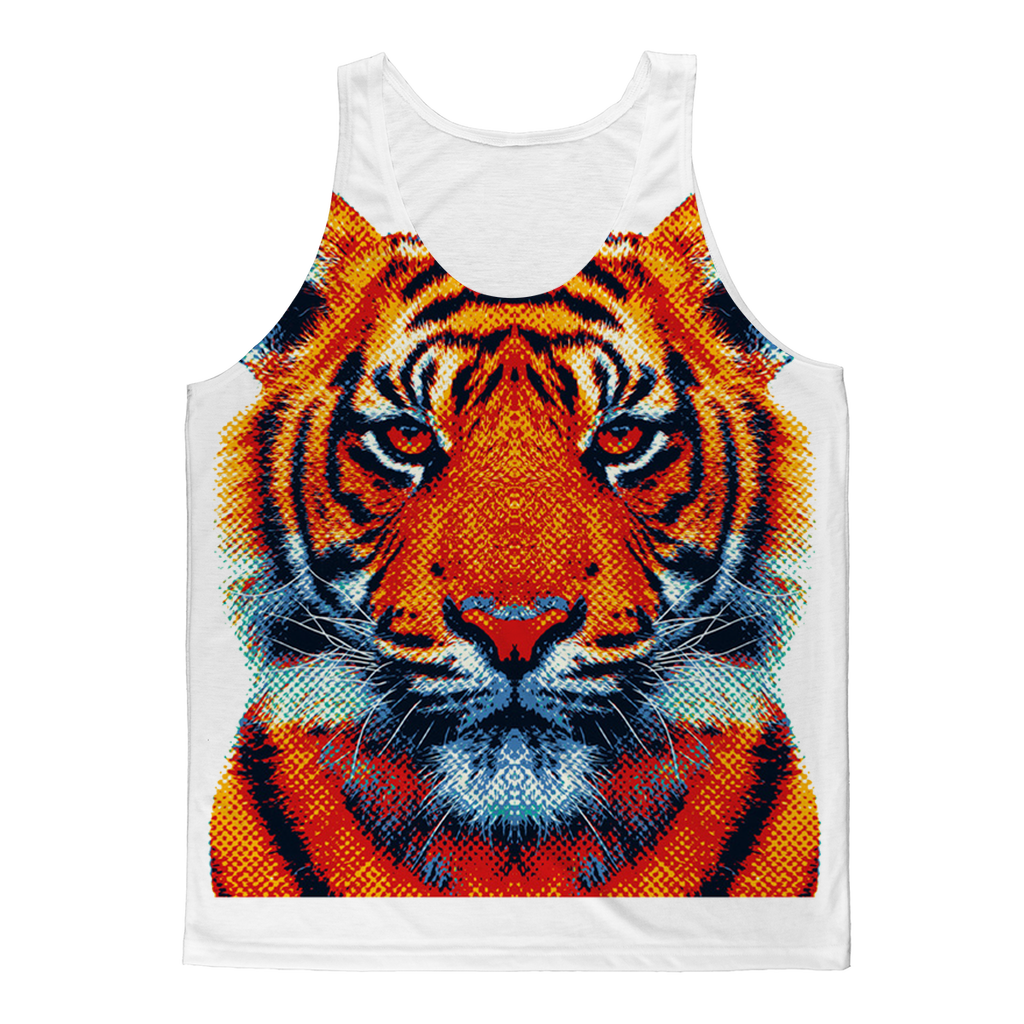 Colorful tiger and animal design on Sky Felix sublimation adult tank top, showcasing vibrant, detailed artwork on a casual T-shirt.