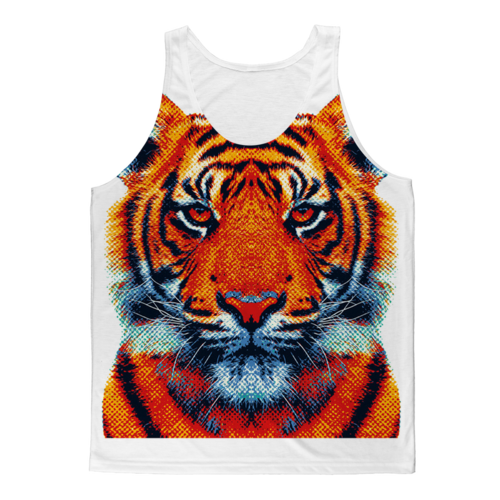 Colorful tiger animal design on Sky Felix sublimation adult tank top, featuring vibrant tiger and animal illustrations.