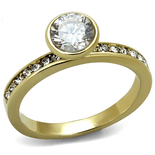 Turquoise Tiger TK2254 stainless steel ring with IP gold ion plating and AAA grade CZ gemstone, showcasing an elegant jewelry design.