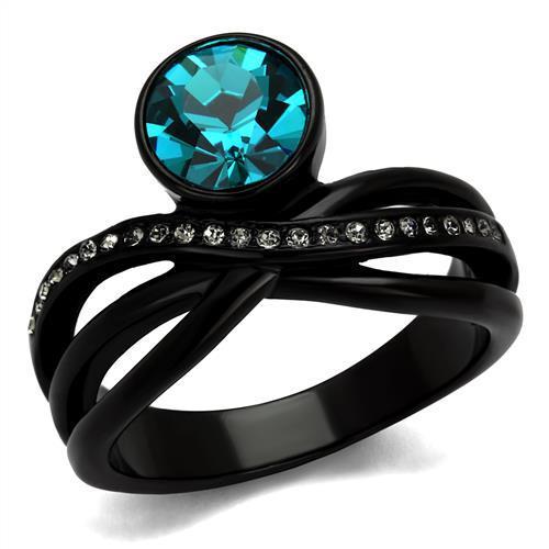 Turquoise Tiger TK2488 IP black stainless steel ring with ion plating, showing a close-up of its sleek, polished design.