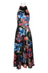 Crimson Bamboo Tahari ASL floral print satin dress with halter neckline and tie-back, featuring flutter details on black fabric.