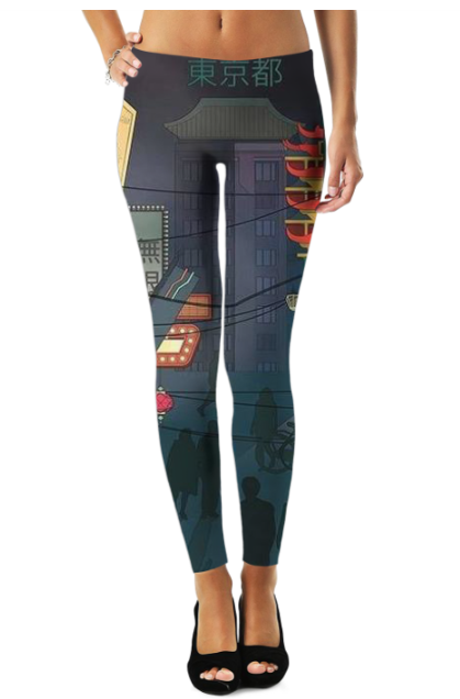 Tokyo-themed Sky Felix leggings featuring vibrant Tokyo cityscape design on comfortable T-shirt fabric.