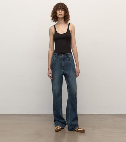 Brown Coeus long-staple cotton micro-stacked straight jeans, showcasing their fit and fabric details.