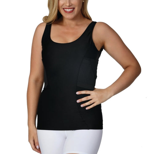 Scarlet Leek I.S.Pro Tactical Women’s Undercover Concealed Carry Holster Top, black fabric with discreet holster pocket detail.