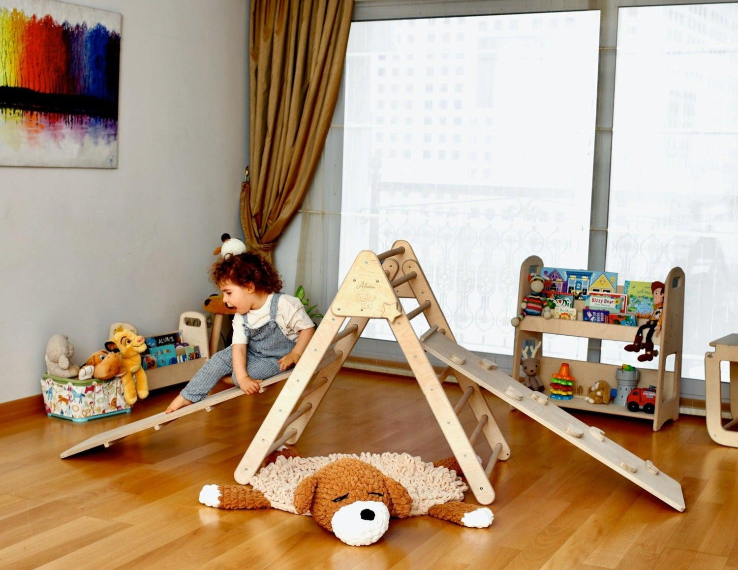Red Oceanus foldable climbing triangle with ramp, child’s wooden furniture for safe indoor play and activity development.
