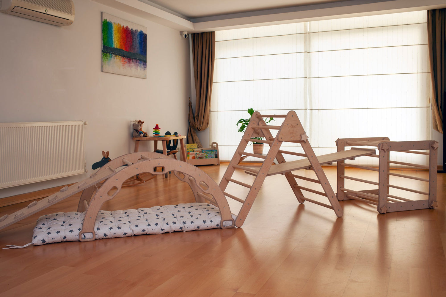 Red Oceanus Montessori Climber Set with triangular ramps and pillows, indoor kids&