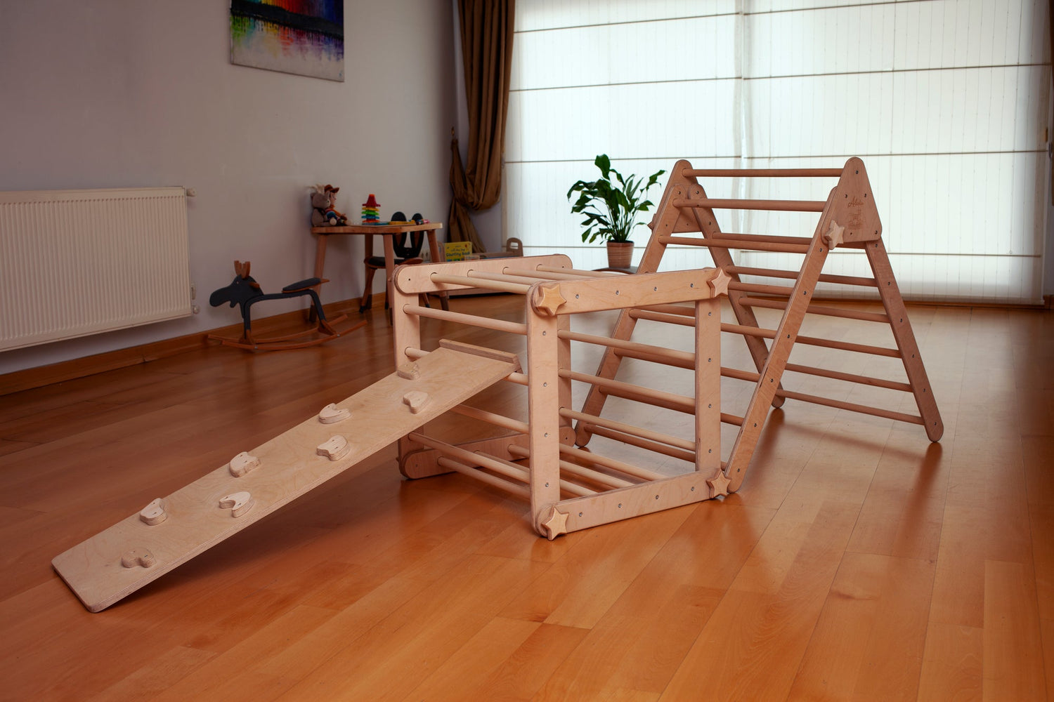 Red Oceanus Montessori Climber Set with six wooden pieces, including ramp and rockers, designed for indoor children&
