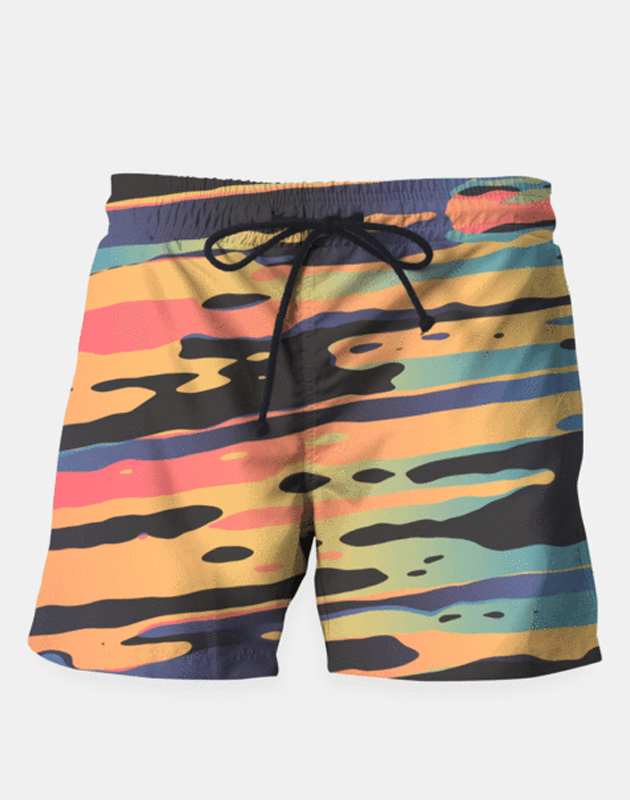 Colorful trippy dawn design swim shorts by Sky Felix, featuring vibrant patterns and a relaxed fit.