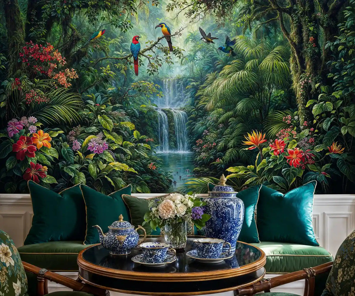 Tropical Waterfall with Exotic Birds Wall Mural