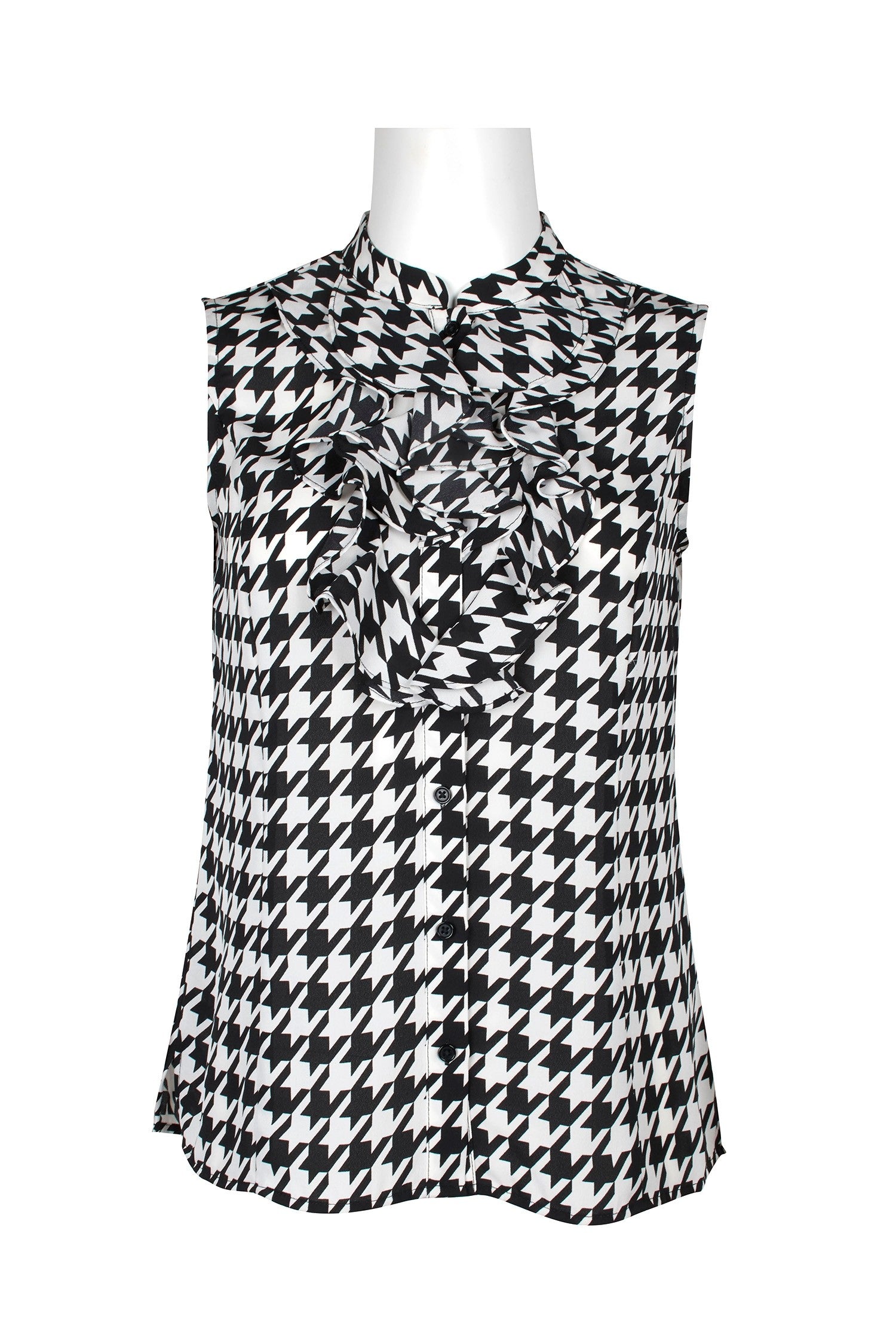 Crimson Bamboo Tahari ASL high neck sleeveless woven blouse with ruffled neckline and black and white houndstooth print.