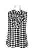 Crimson Bamboo Tahari ASL high neck sleeveless woven blouse with ruffled neckline and black and white houndstooth print.