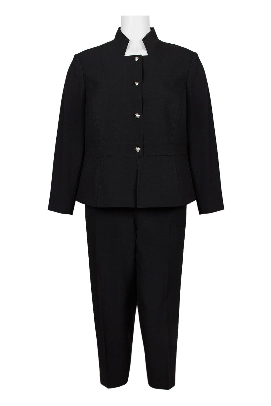 Black Tahari ASL high neck long sleeve crepe pants set with pockets and buttons, by Crimson Bamboo, women&