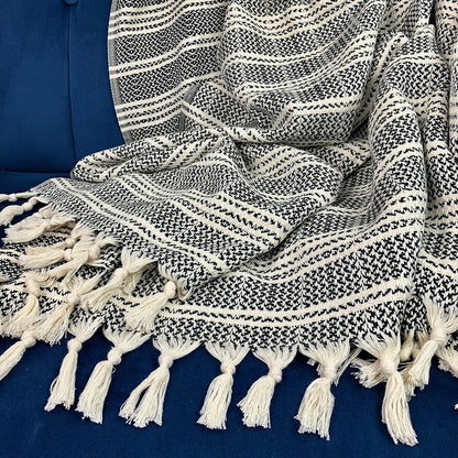 A woven Turkish throw blanket with colorful stripe patterns, perfect for home decor, by Ariel.