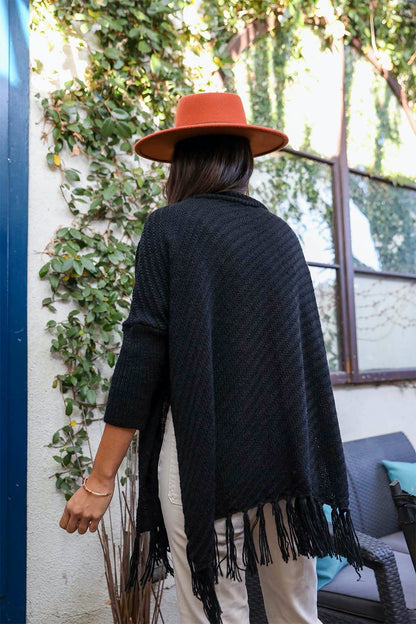 Periwinkle Aether sweater weather roll-neck poncho with turtleneck and frayed knit sleeves, cozy and stylish accessories.