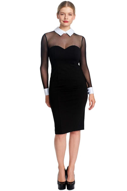 Black and white tuxedo illusion sheath dress by Peach Dionysus, long sleeve midi dress with contrast white collar and cuffs.