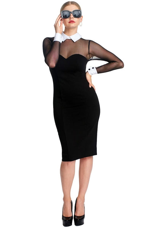 Black and white tuxedo illusion sheath dress with long sleeves, contrast white collar and cuffs, by Peach Dionysus.