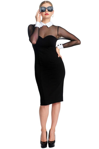 Black and white tuxedo illusion sheath dress with long sleeves, contrast white collar and cuffs, by Peach Dionysus.